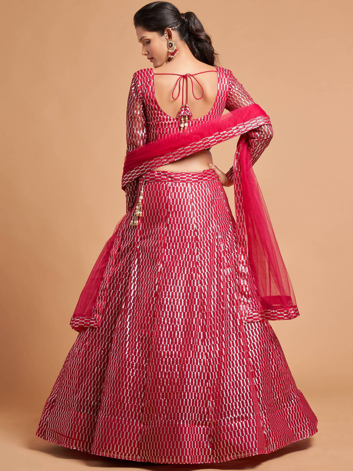 Luxurious Hot Pink Thread Embroidery Net Party wear Lehenga Choli