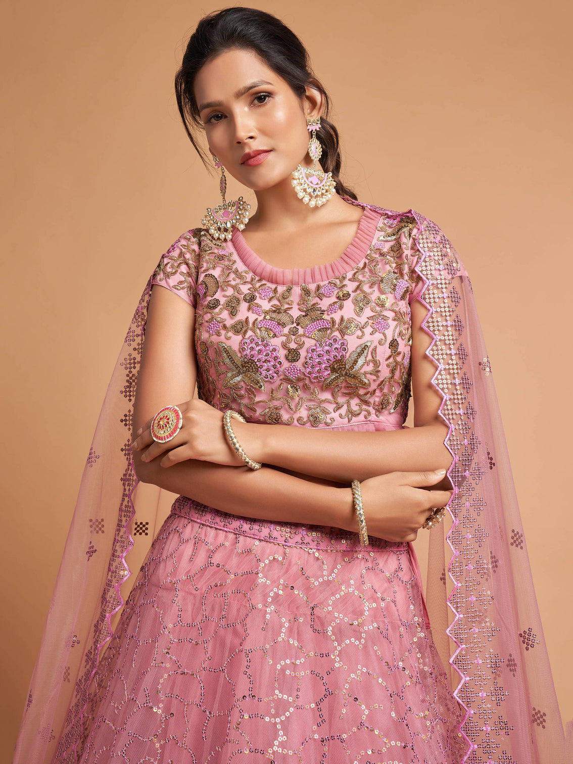 Blush Pink Thread Embroidery Net Party Wear Lehenga Choli