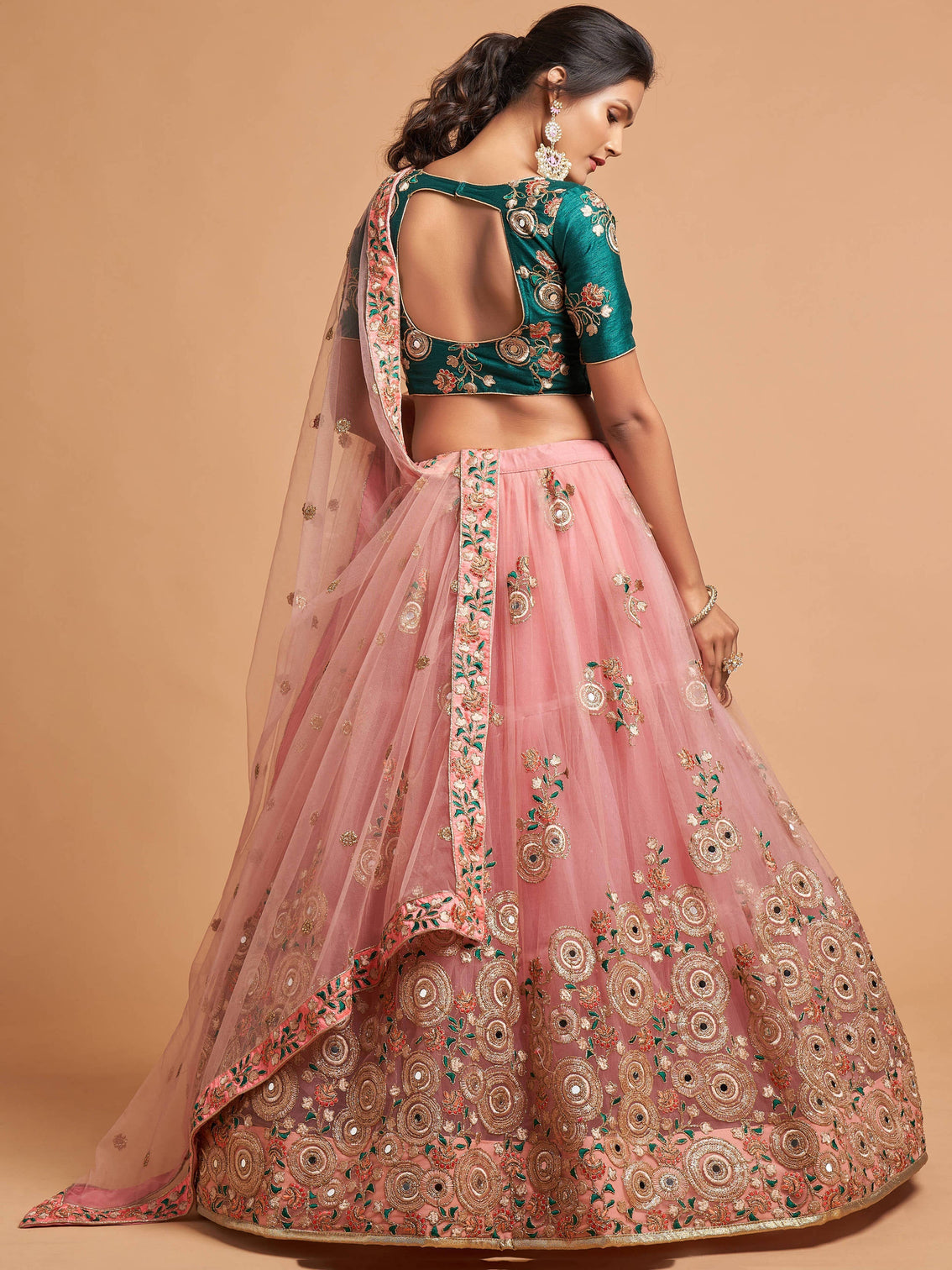 Lovely Peach Mirror work Soft Net Party Wear Lehenga Choli