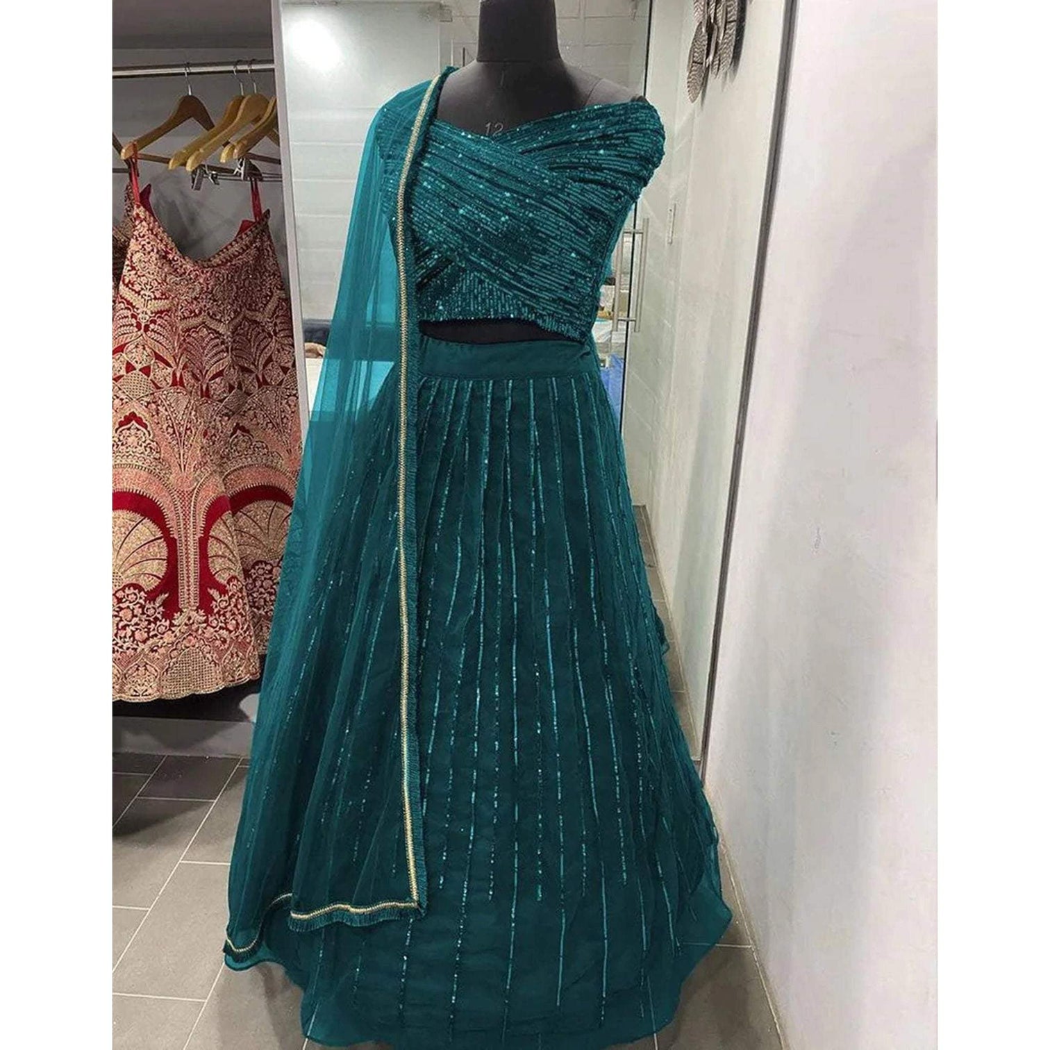 Designer Blue Lehenga with Heavy Embroidery Sequence Work and Net Dupatta