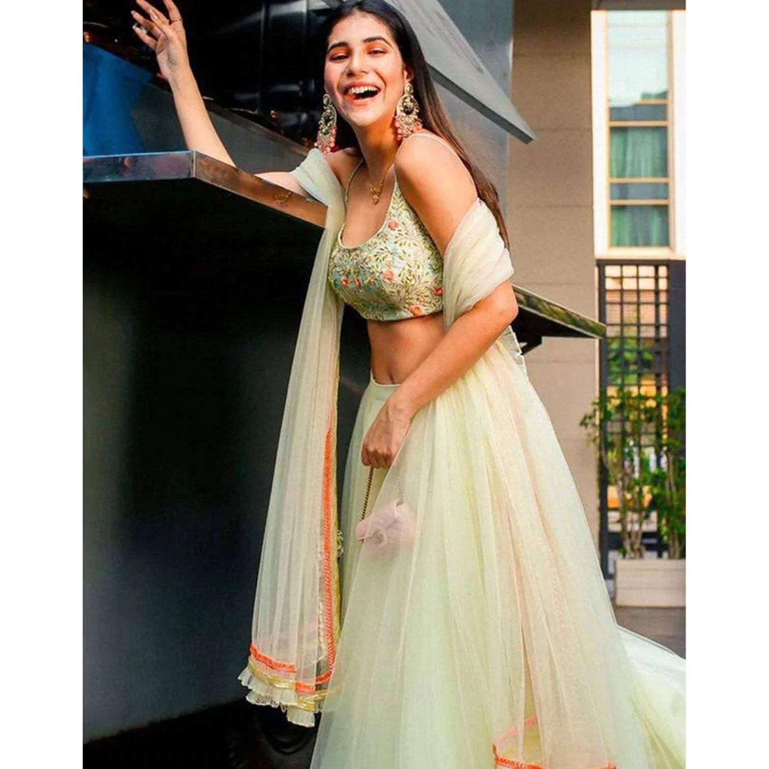 Designer Classy Mint Green Resham Soft Net Lehenga Choli with Embroidery Blouse
