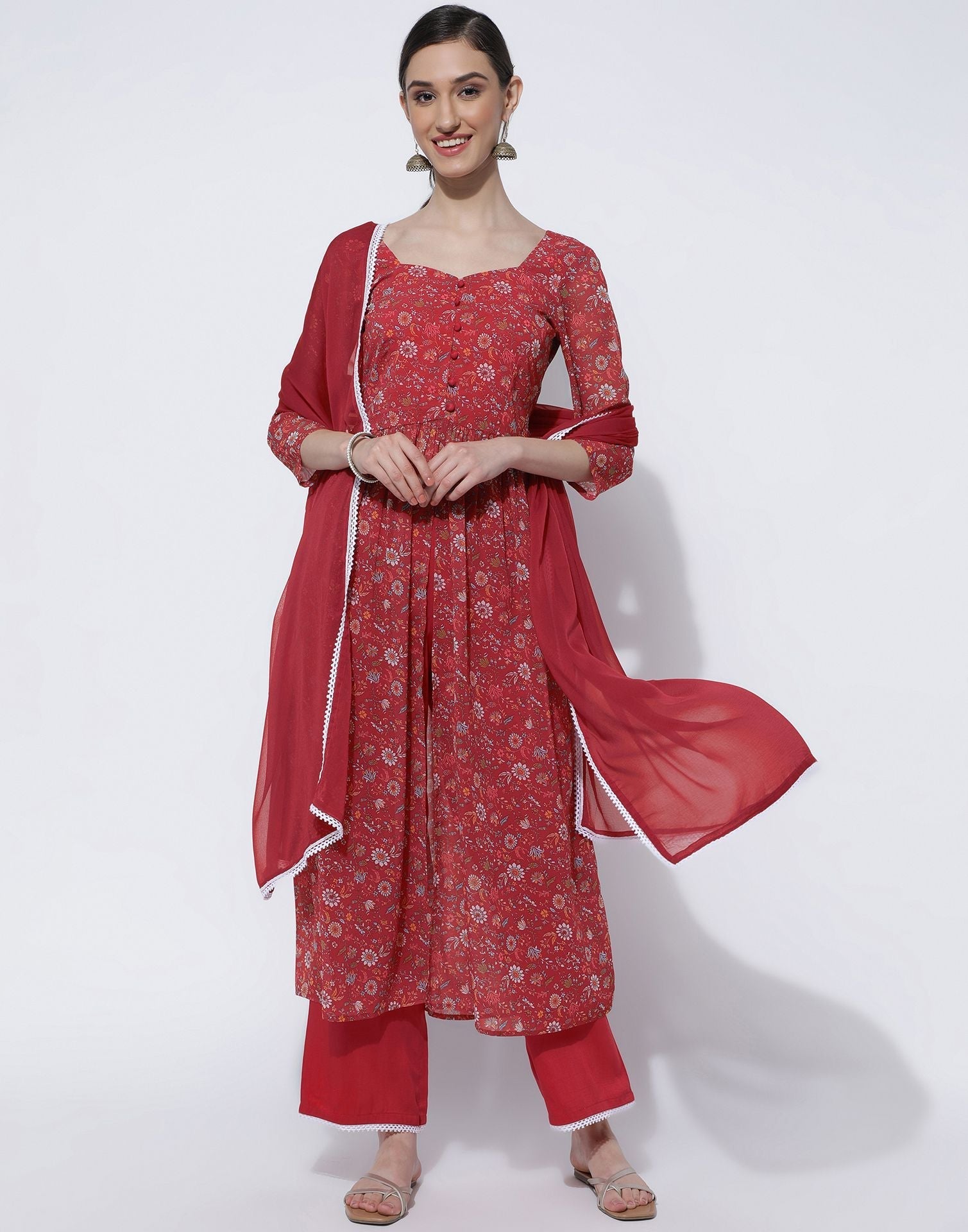 Red Printed Georgette A-Line Kurta With Pant And Dupatta