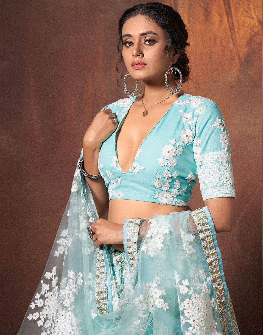 Lehenga Choli in Baby Blue Color with Soft Net Fabrics, Resham, and Sequence Work