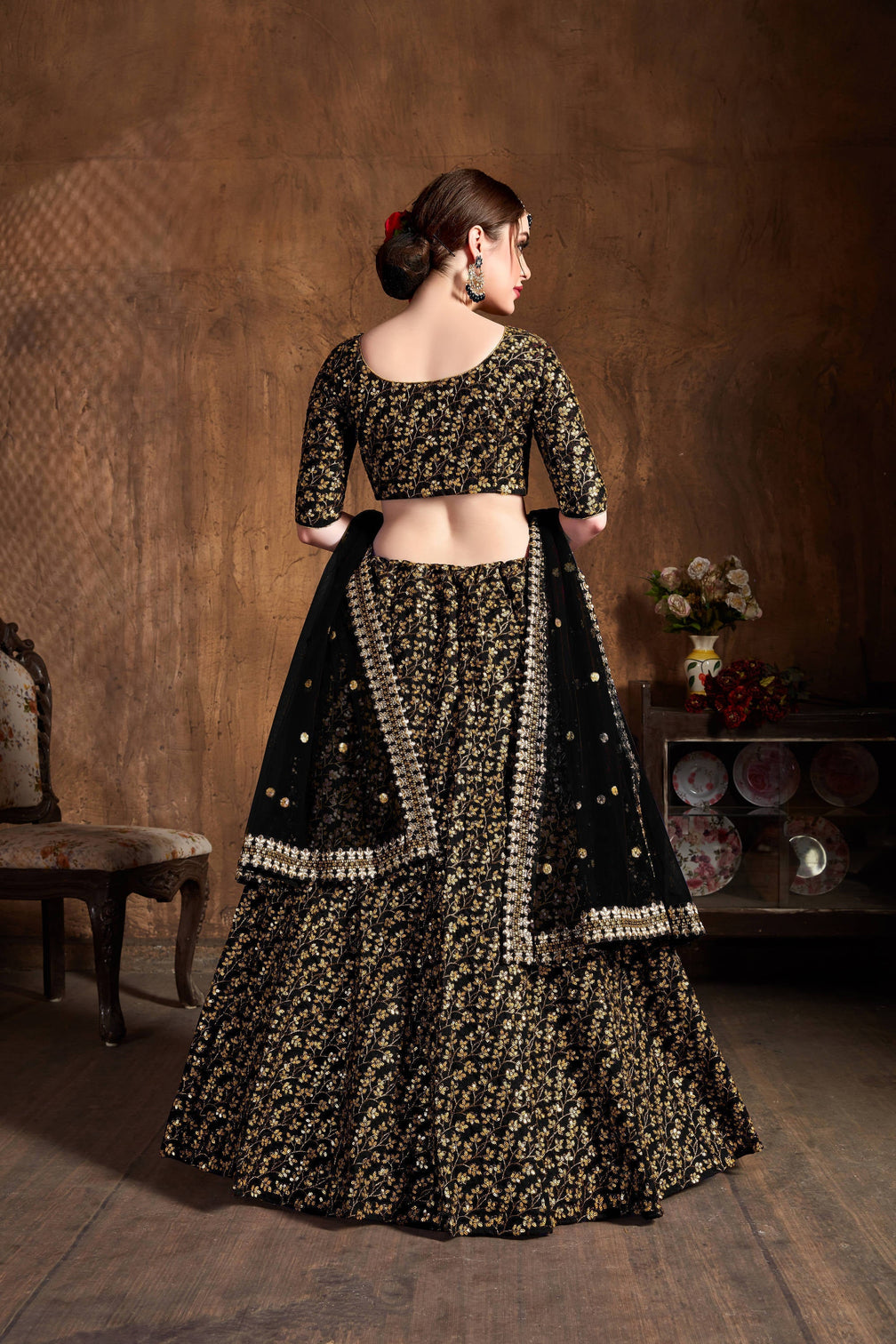 Desirable Black Sequins Raw Silk Bridal Lehenga Choli