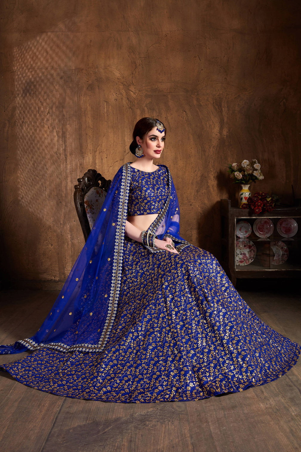 Intricate Royal Blue Sequins Raw Silk Bridal Lehenga Choli