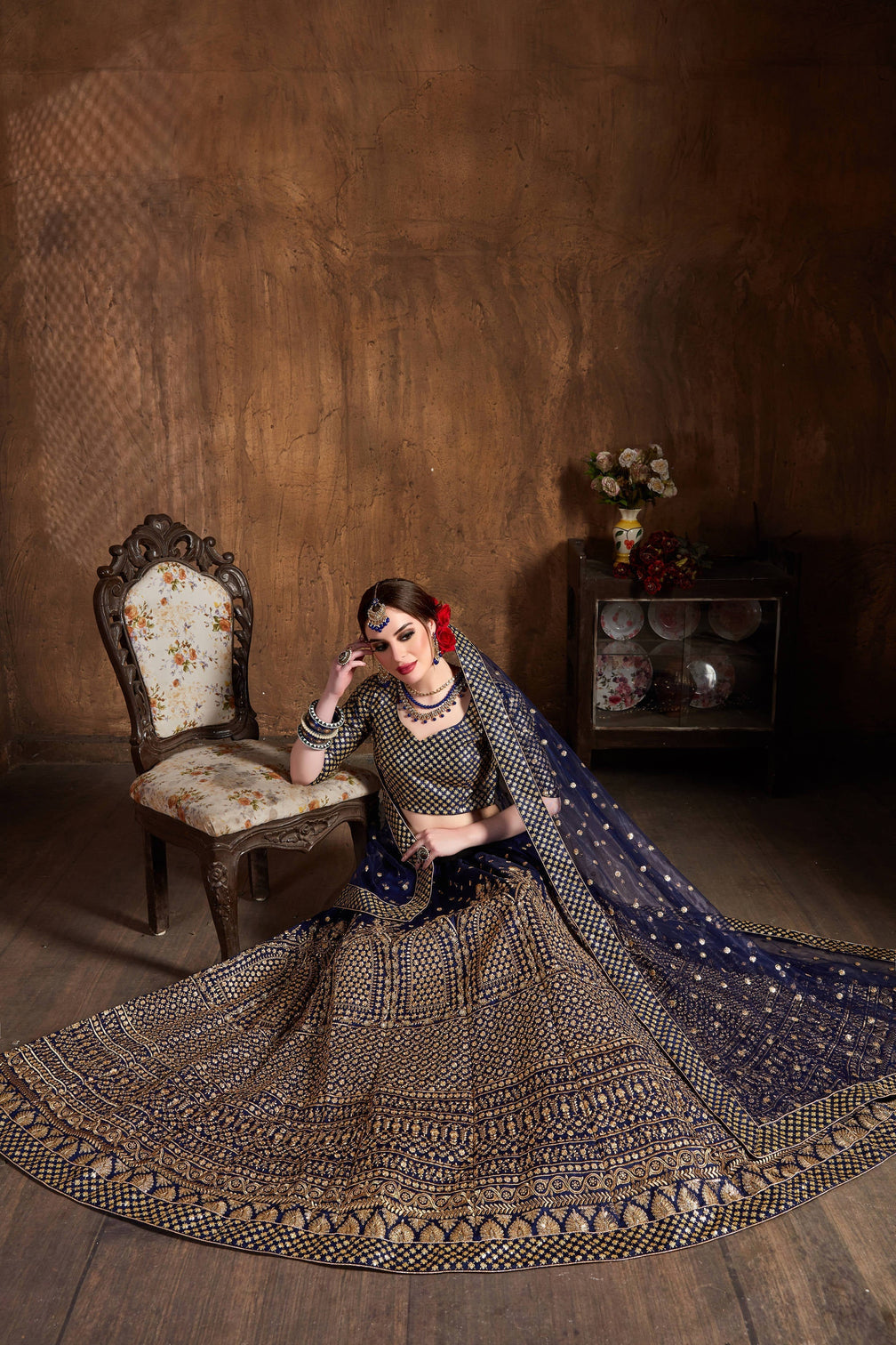 Demanding Navy Blue Sequins Raw Silk Wedding Lehenga Choli