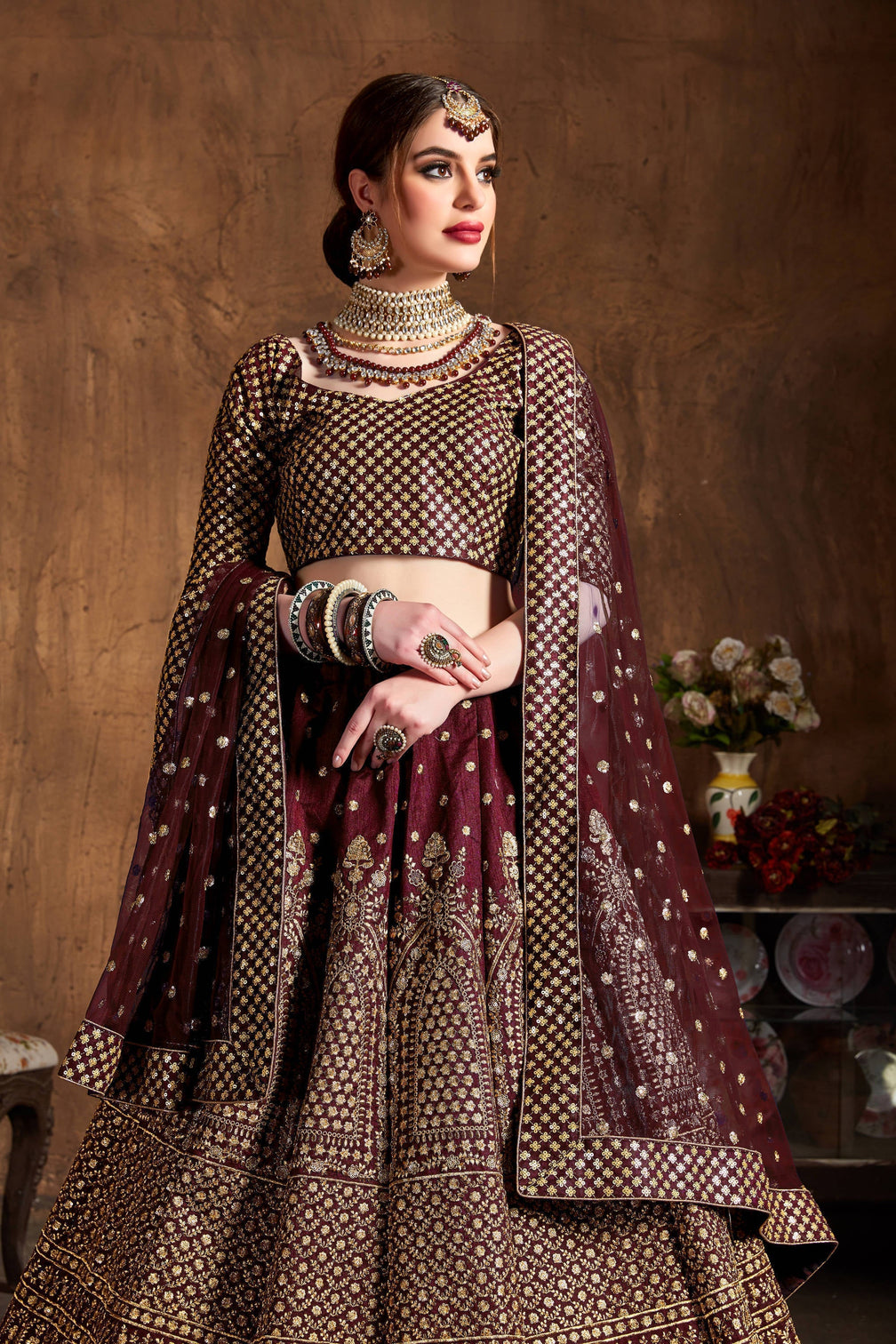 Desirable Maroon Sequins Raw Silk Wedding Lehenga Choli