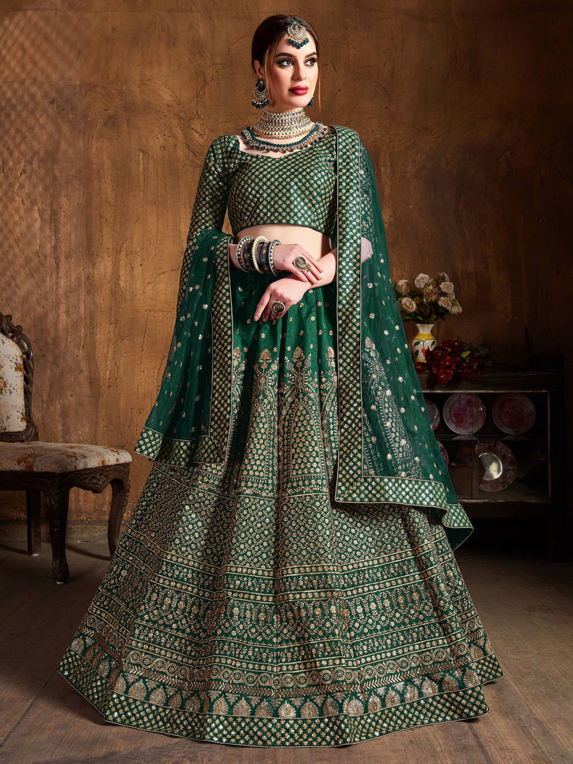 Dazzling Bottle Green Sequins Raw Silk Wedding Lehenga Choli