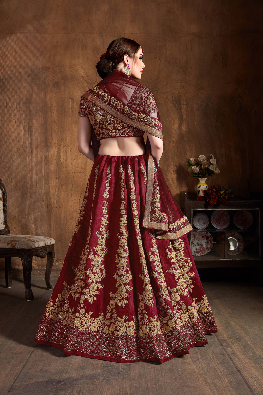 Impressive Maroon Dori Embroidery Raw Silk Wedding Lehenga Choli