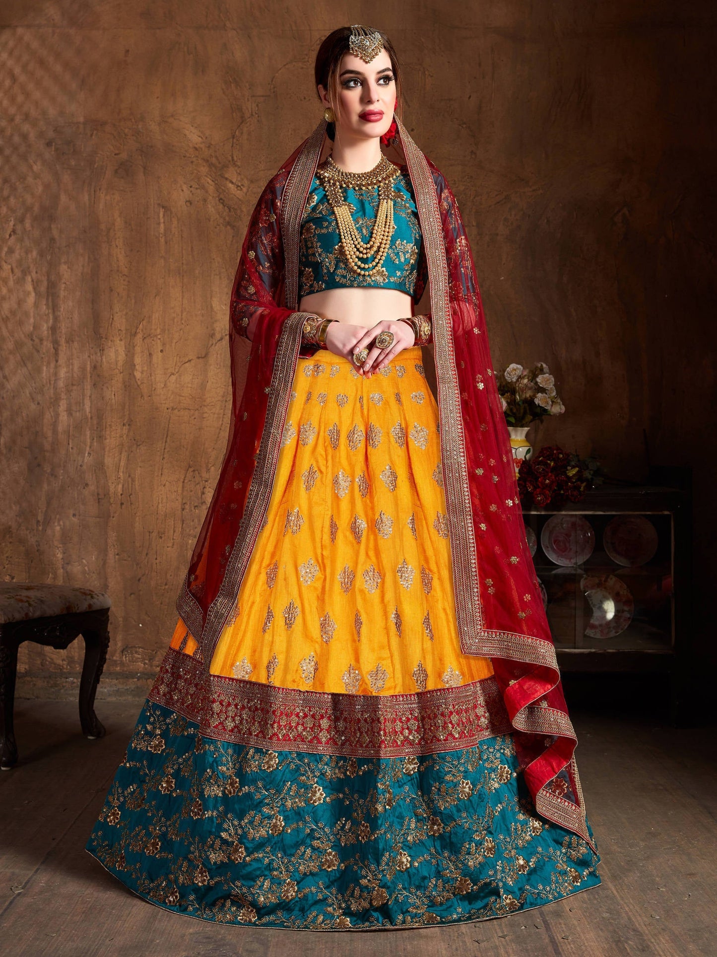 Gleaming Teal Green-Yellow Embroidery Banarasi Silk Wedding Lehenga Choli