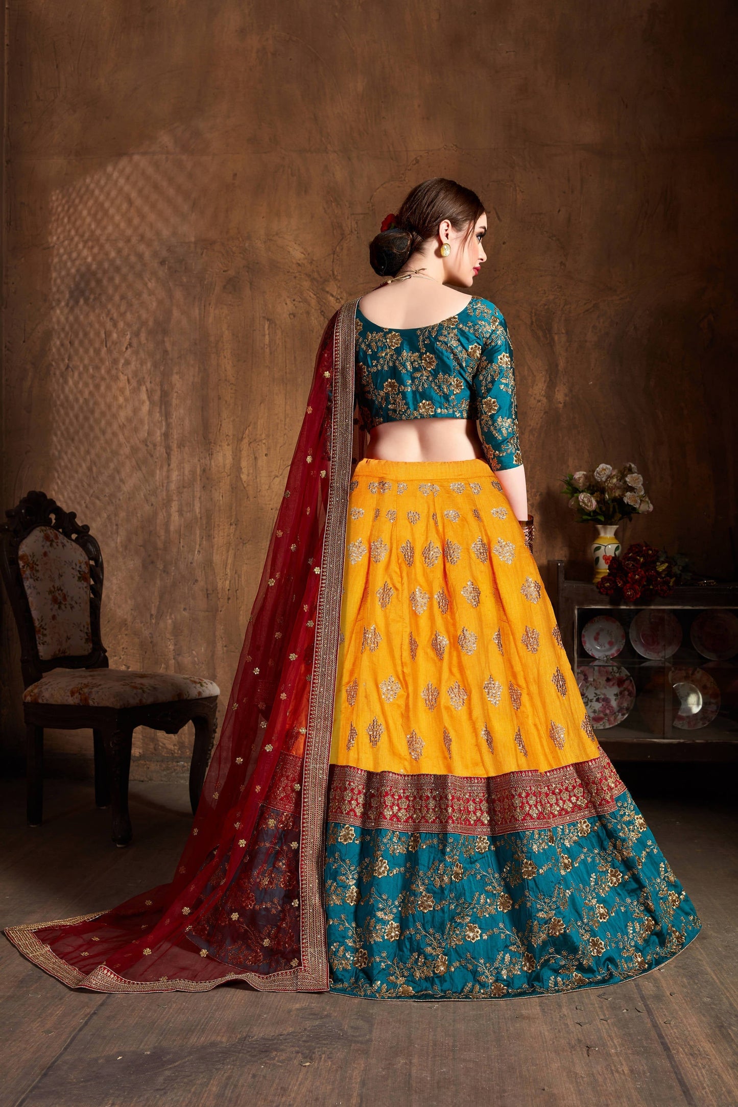 Gleaming Teal Green-Yellow Embroidery Banarasi Silk Wedding Lehenga Choli