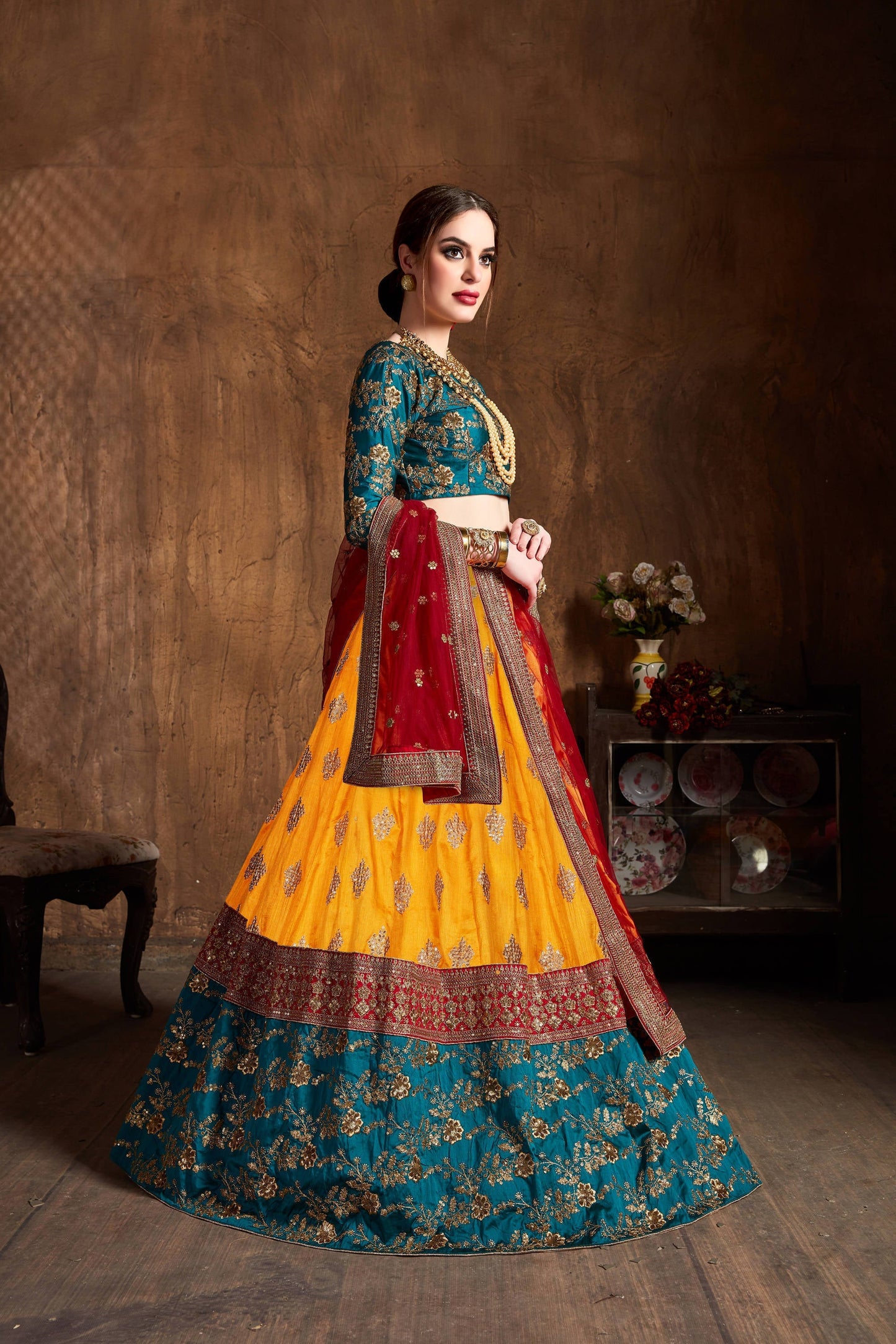 Gleaming Teal Green-Yellow Embroidery Banarasi Silk Wedding Lehenga Choli