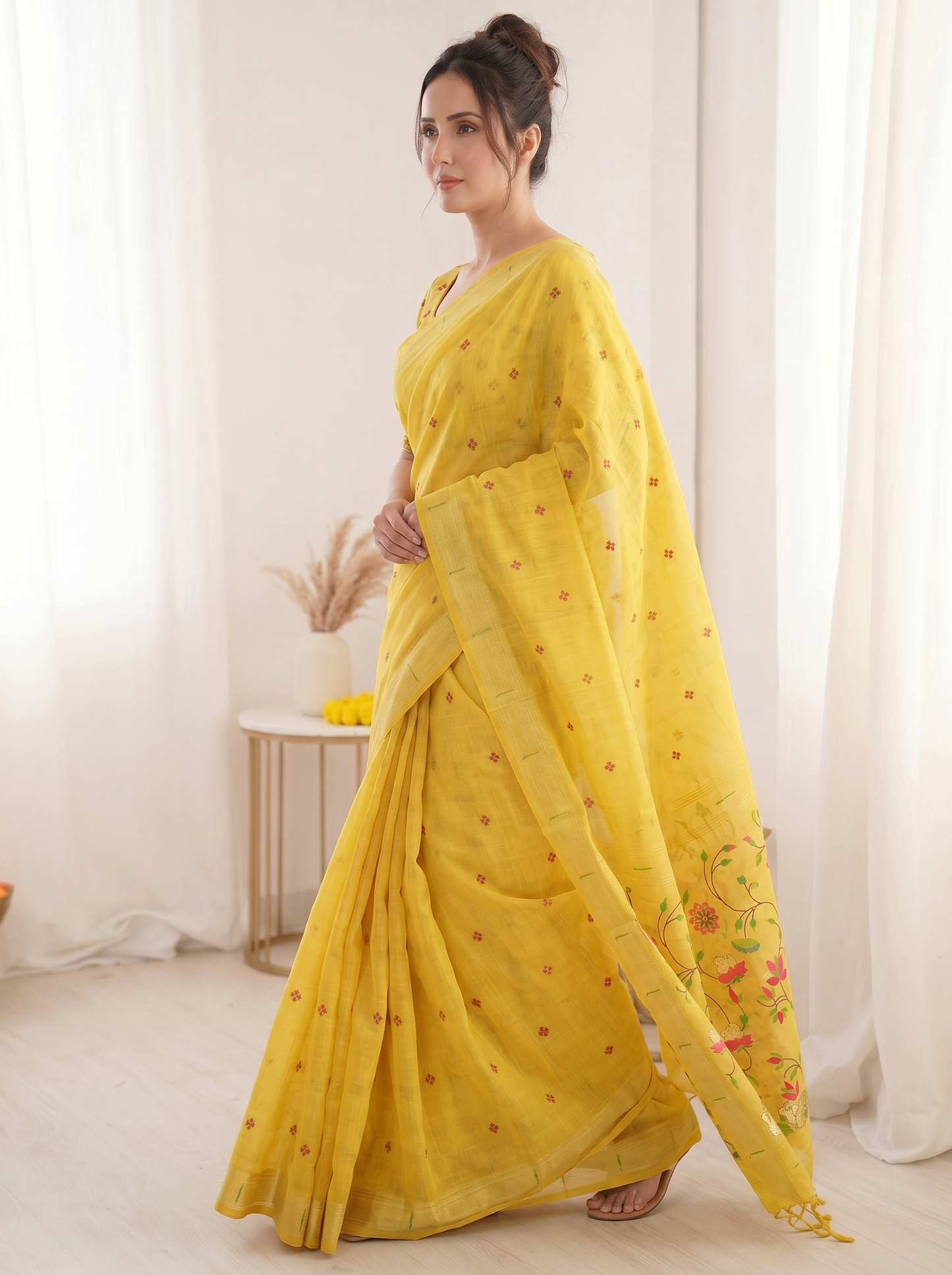 Yellow Premium Soft Muga Cotton Saree with Paithani Swan Meenakari Pallu