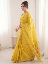 Yellow Premium Soft Muga Cotton Saree with Paithani Swan Meenakari Pallu