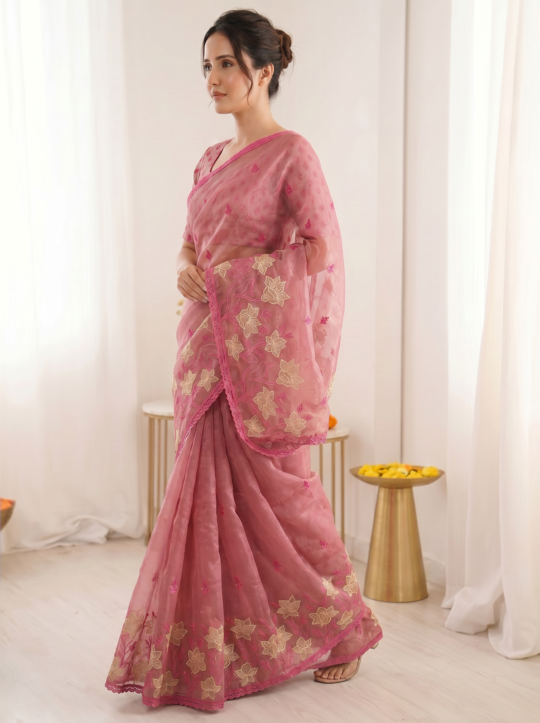 Coral Pure Oris Silk Saree with Embroidered Lotus Buttis & Applique Border