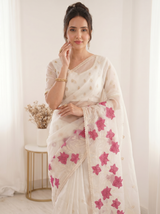 White Pure Oris Silk Saree with Embroidered Lotus Buttis & Applique Border