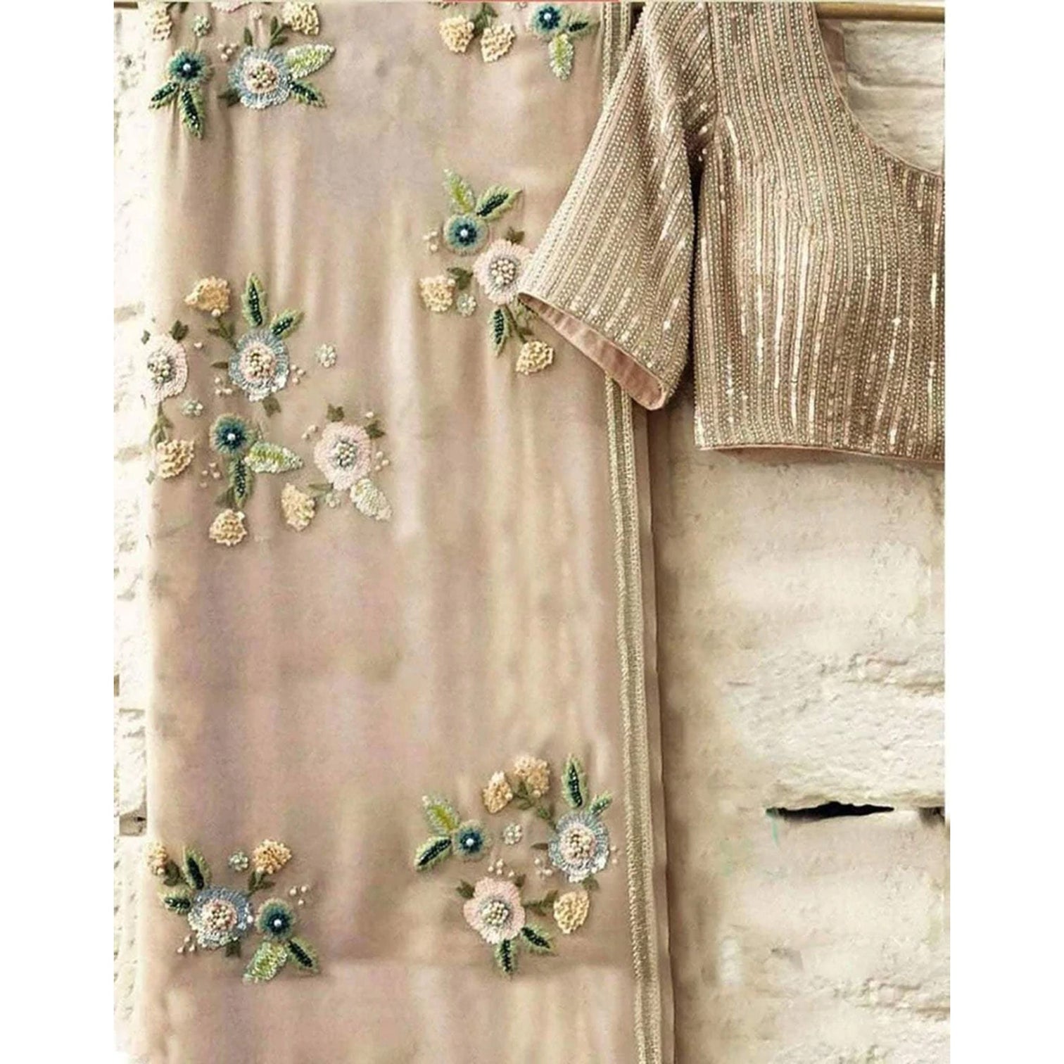 Designer Georgette Beige Color Saree with Resham Sequence Pearl Work