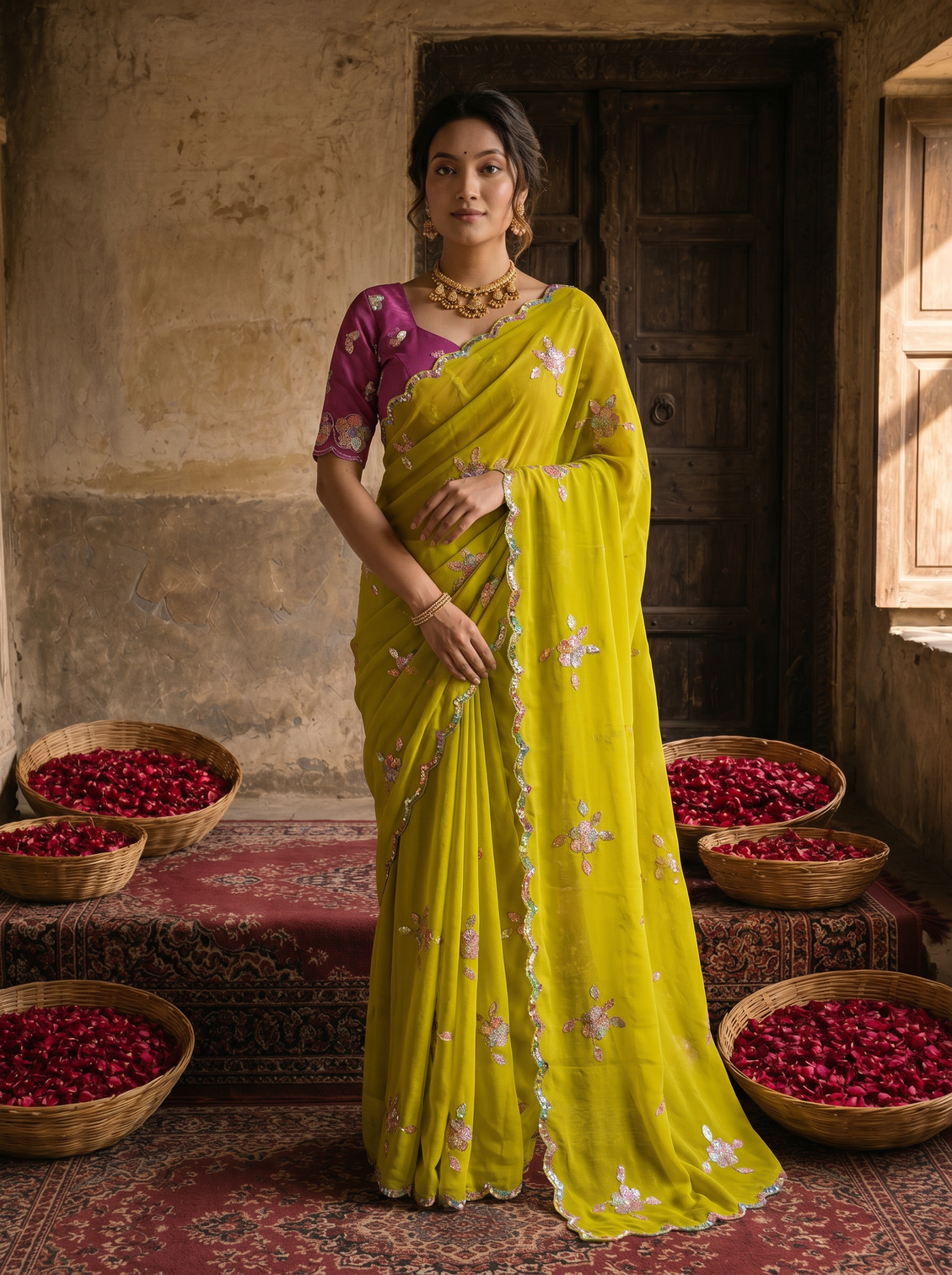 Lime yellow georgette embroidered saree with floral sequin work contrast magenta blouse mameraa