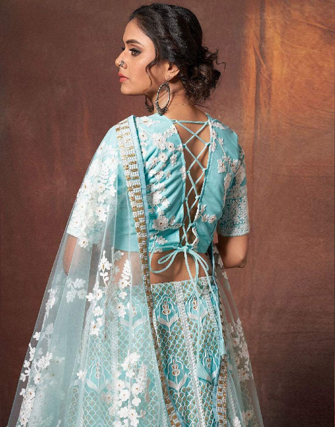 Lehenga Choli in Baby Blue Color with Soft Net Fabrics, Resham, and Sequence Work