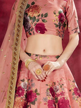 Peach Floral Print Banglori Silk Wedding Wear Lehenga Choli