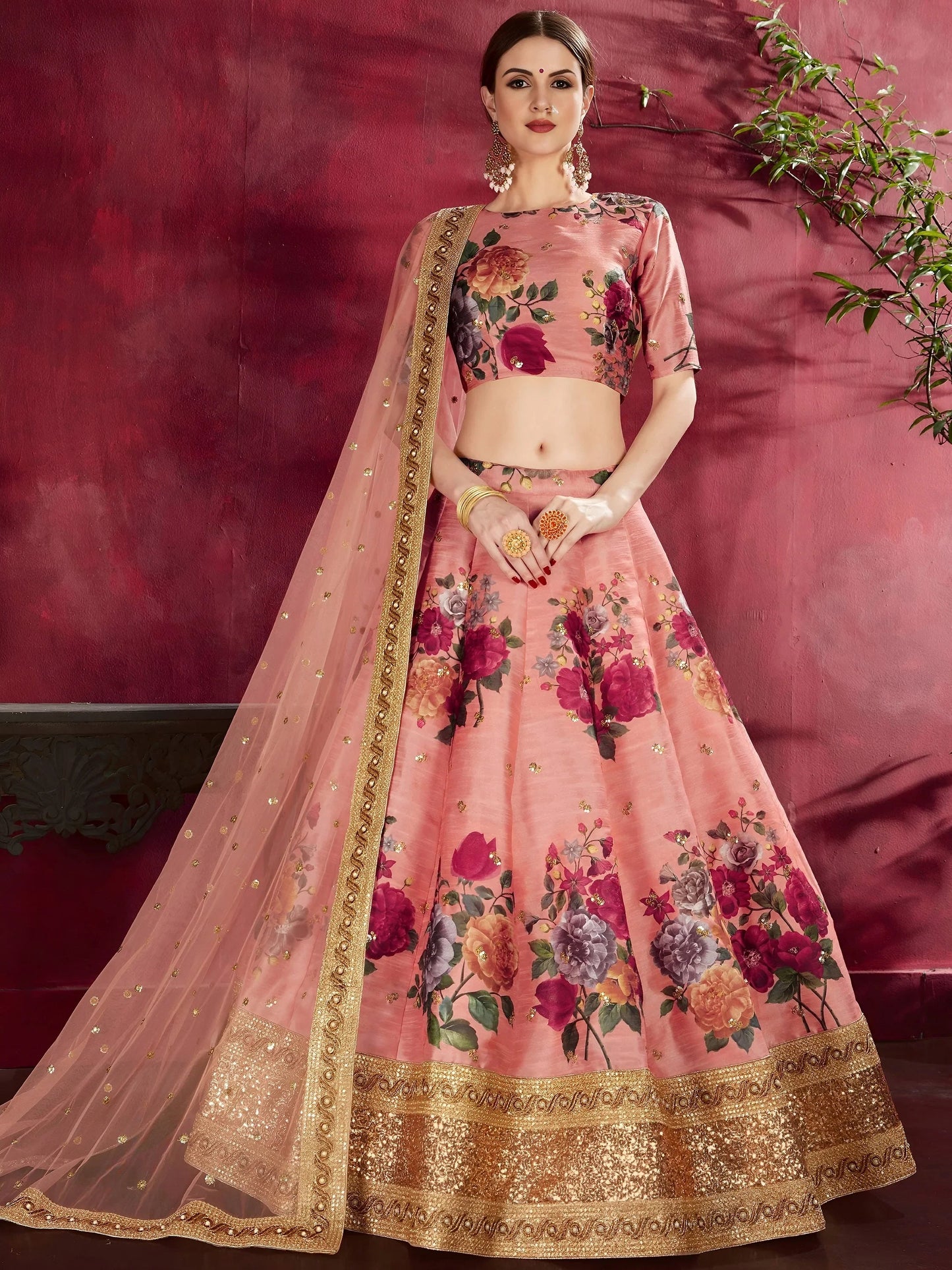 Peach Floral Print Banglori Silk Wedding Wear Lehenga Choli