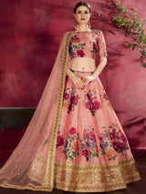 Peach Floral Print Banglori Silk Wedding Wear Lehenga Choli