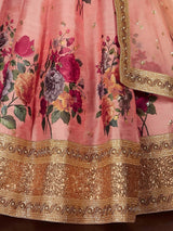 Peach Floral Print Banglori Silk Wedding Wear Lehenga Choli