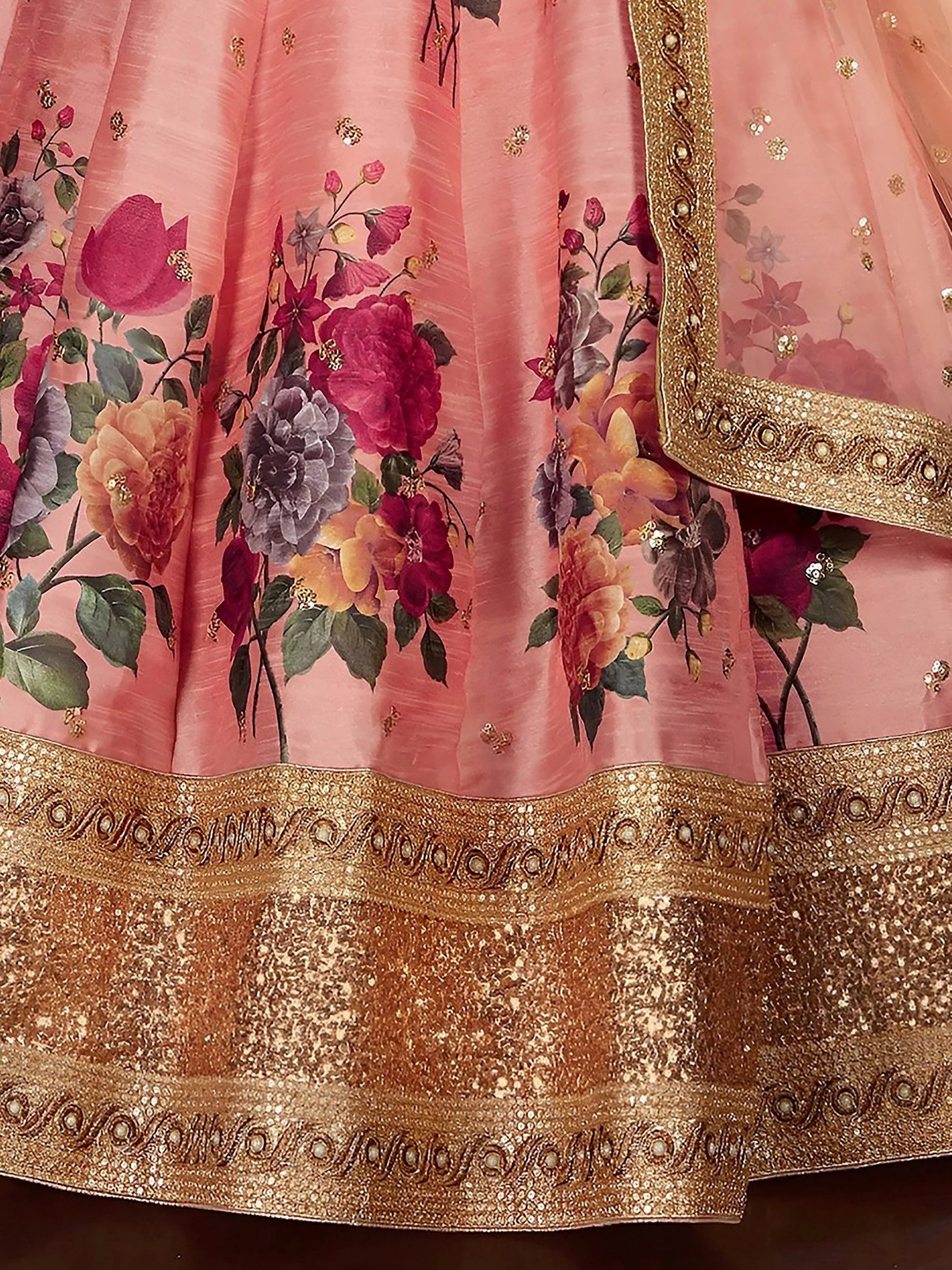 Peach Floral Print Banglori Silk Wedding Wear Lehenga Choli