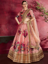 Peach Floral Print Banglori Silk Wedding Wear Lehenga Choli