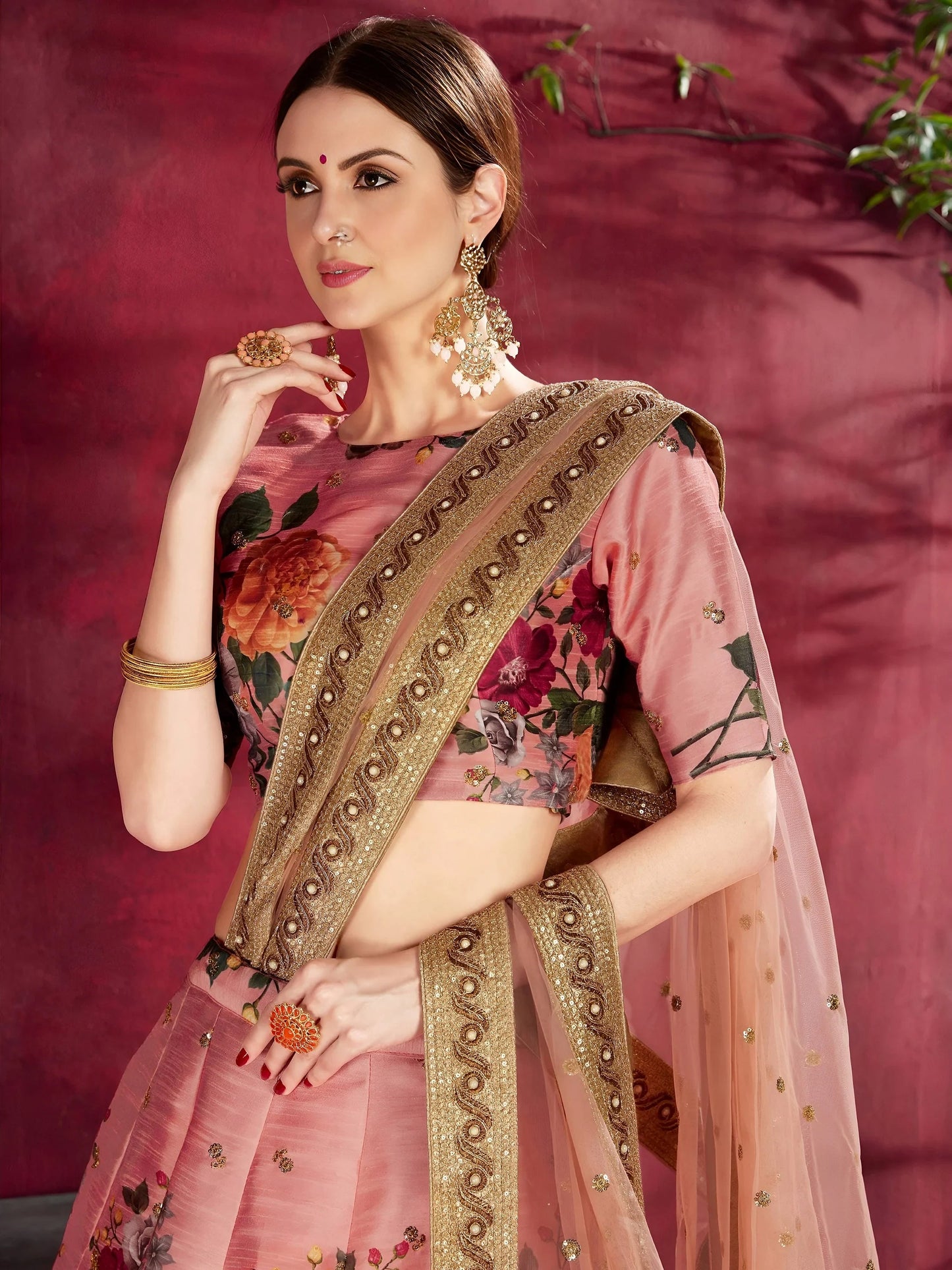 Peach Floral Print Banglori Silk Wedding Wear Lehenga Choli