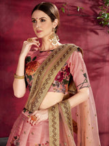 Peach Floral Print Banglori Silk Wedding Wear Lehenga Choli