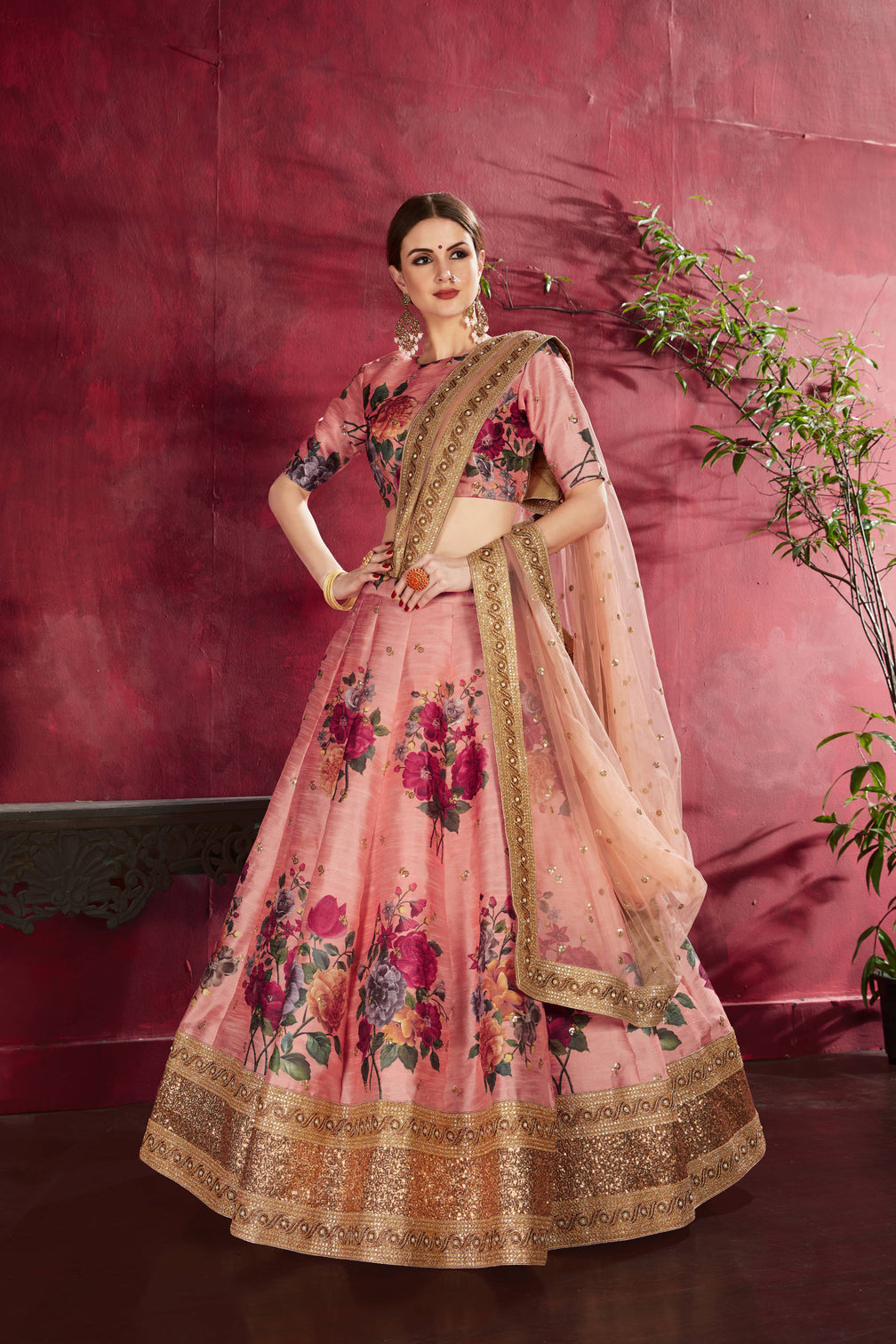 Adorning Peach Floral Printed Banglory Silk Wedding Lehenga Choli With Dupatta