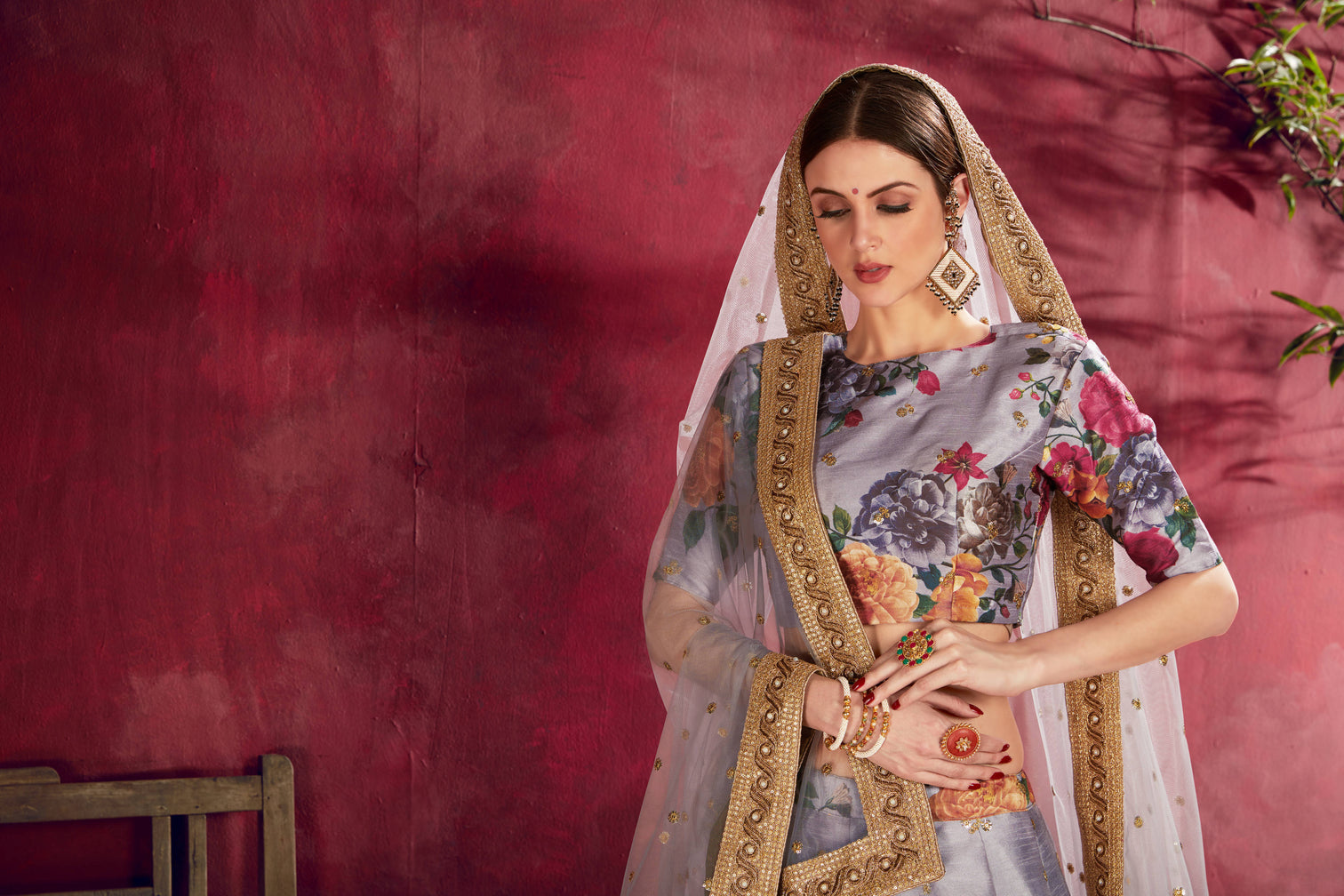 Impressive Grey Floral Printed Banglory Silk Wedding Lehenga Choli With Dupatta