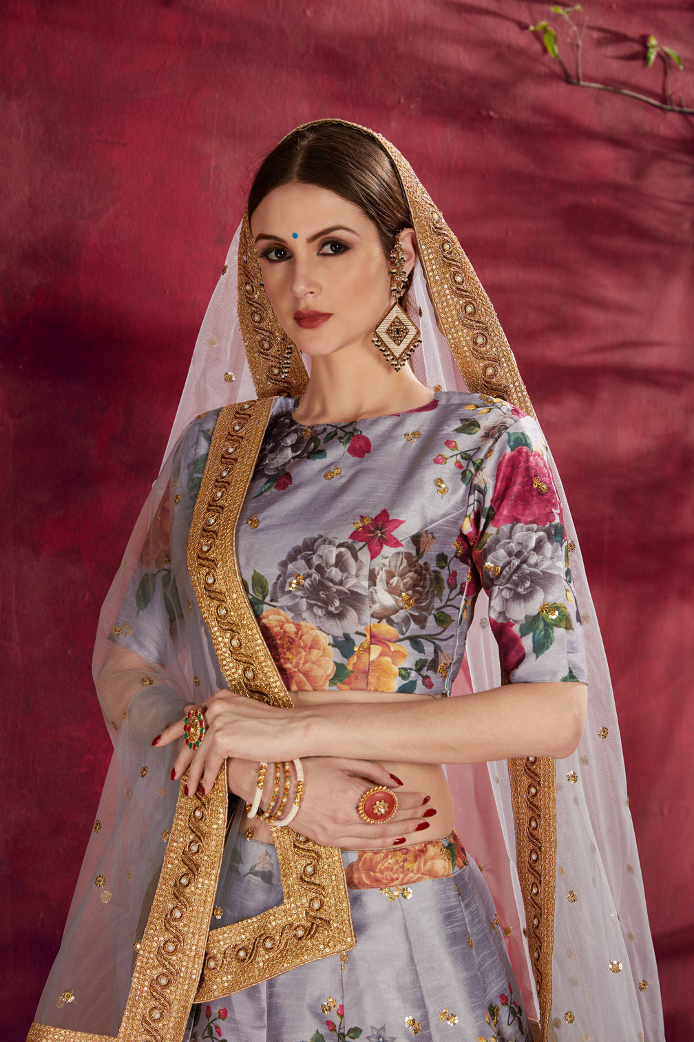 Impressive Grey Floral Printed Banglory Silk Wedding Lehenga Choli With Dupatta