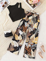 image, Girls Black Ribbed Sleeveless Crop Top &amp; Tropical Leaf Print Pants Set