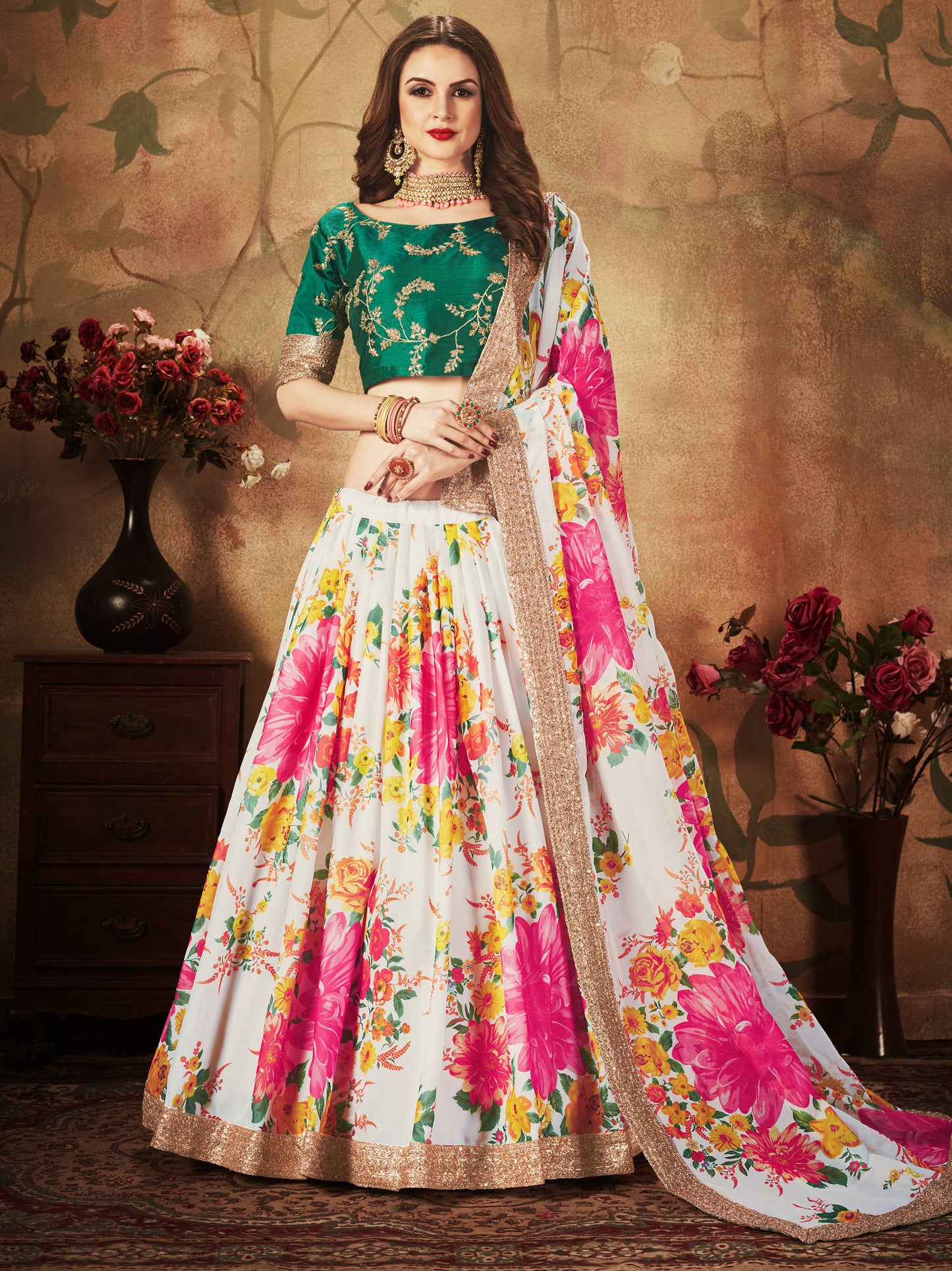 Cream Floral Digital Printed Organza Bridal Lehenga Choli