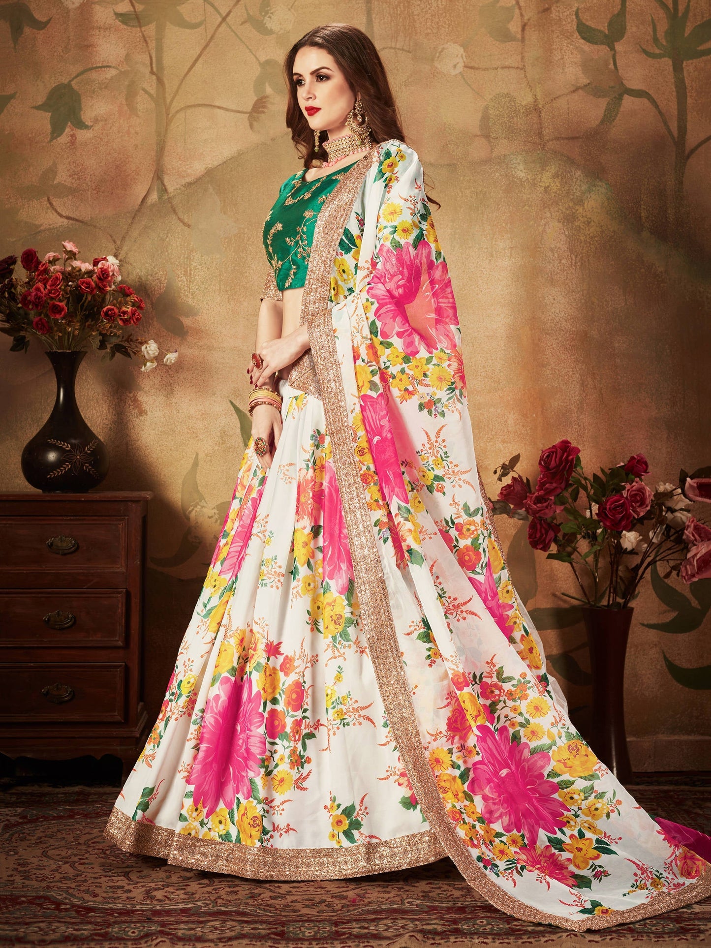 Cream Floral Digital Printed Organza Bridal Lehenga Choli