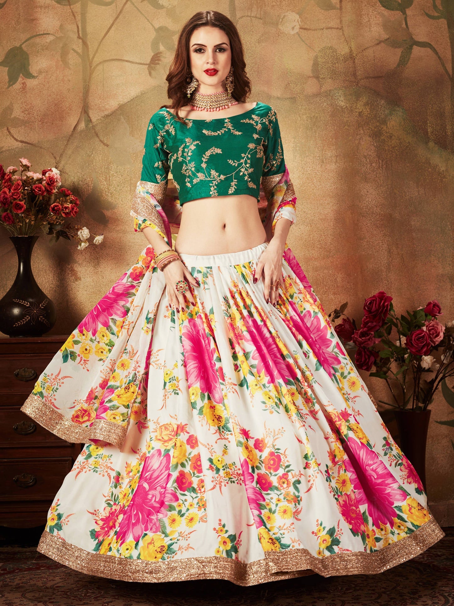 Cream Floral Digital Printed Organza Bridal Lehenga Choli