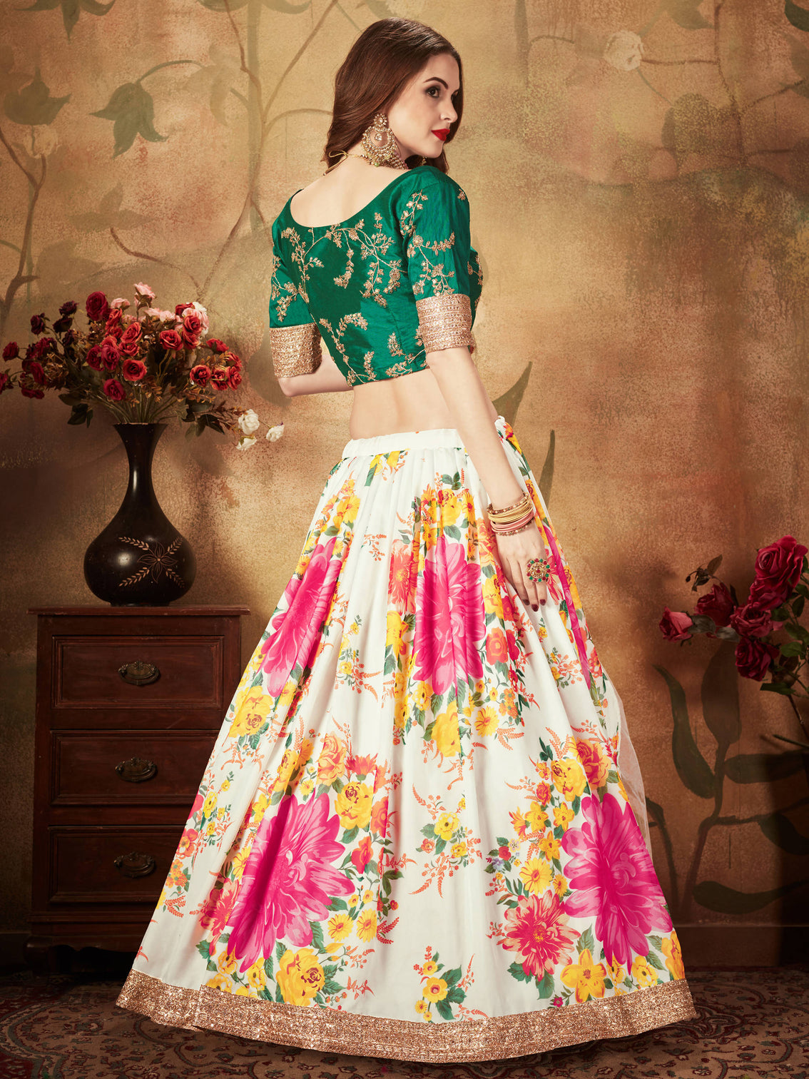 Energetic Off-White Digital Printed Organza Designer Lehenga Choli With Green Blouse