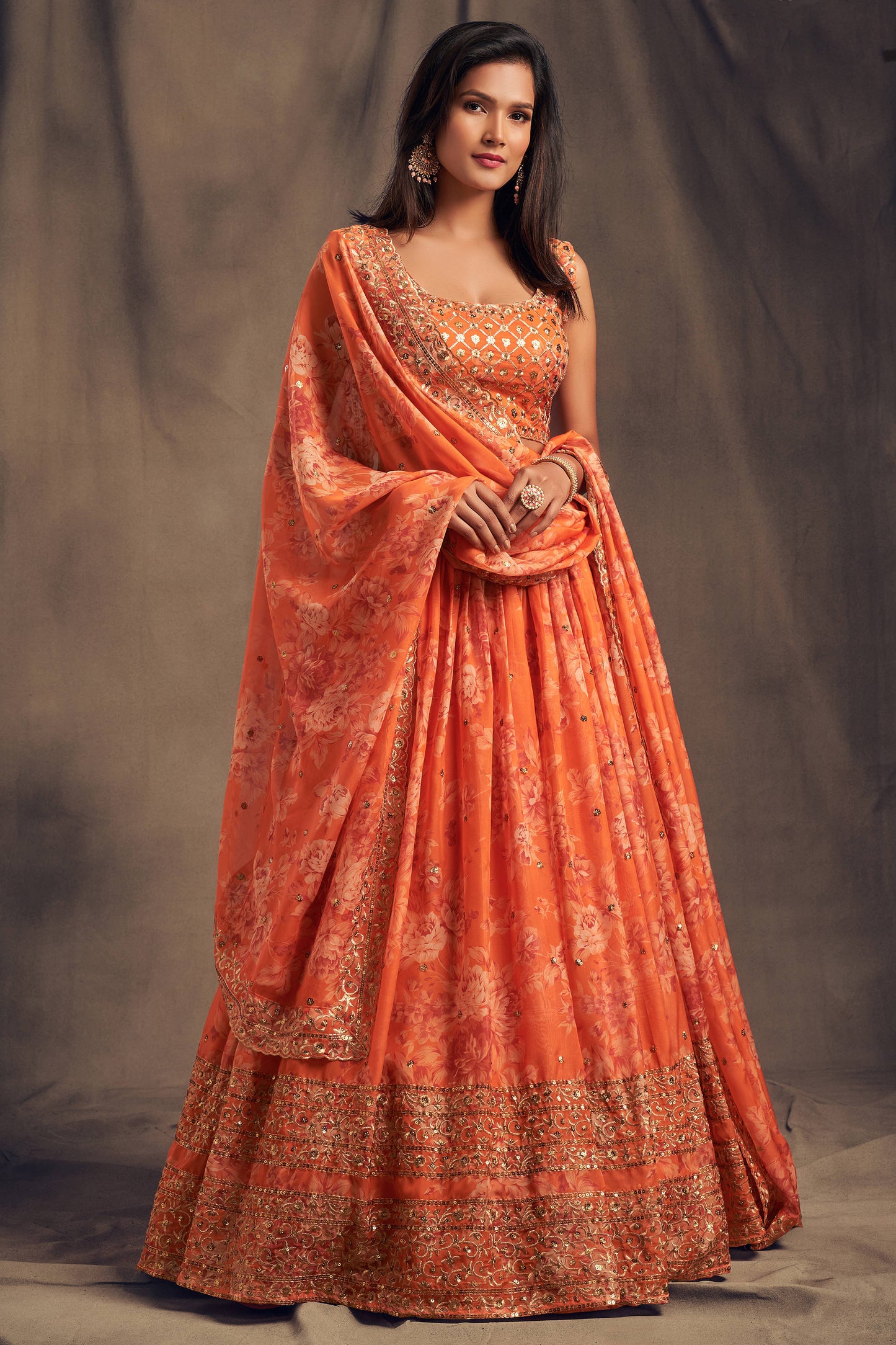 Pretty Orange Zari Embroidery Organza Occasional Wear Lehenga Choli