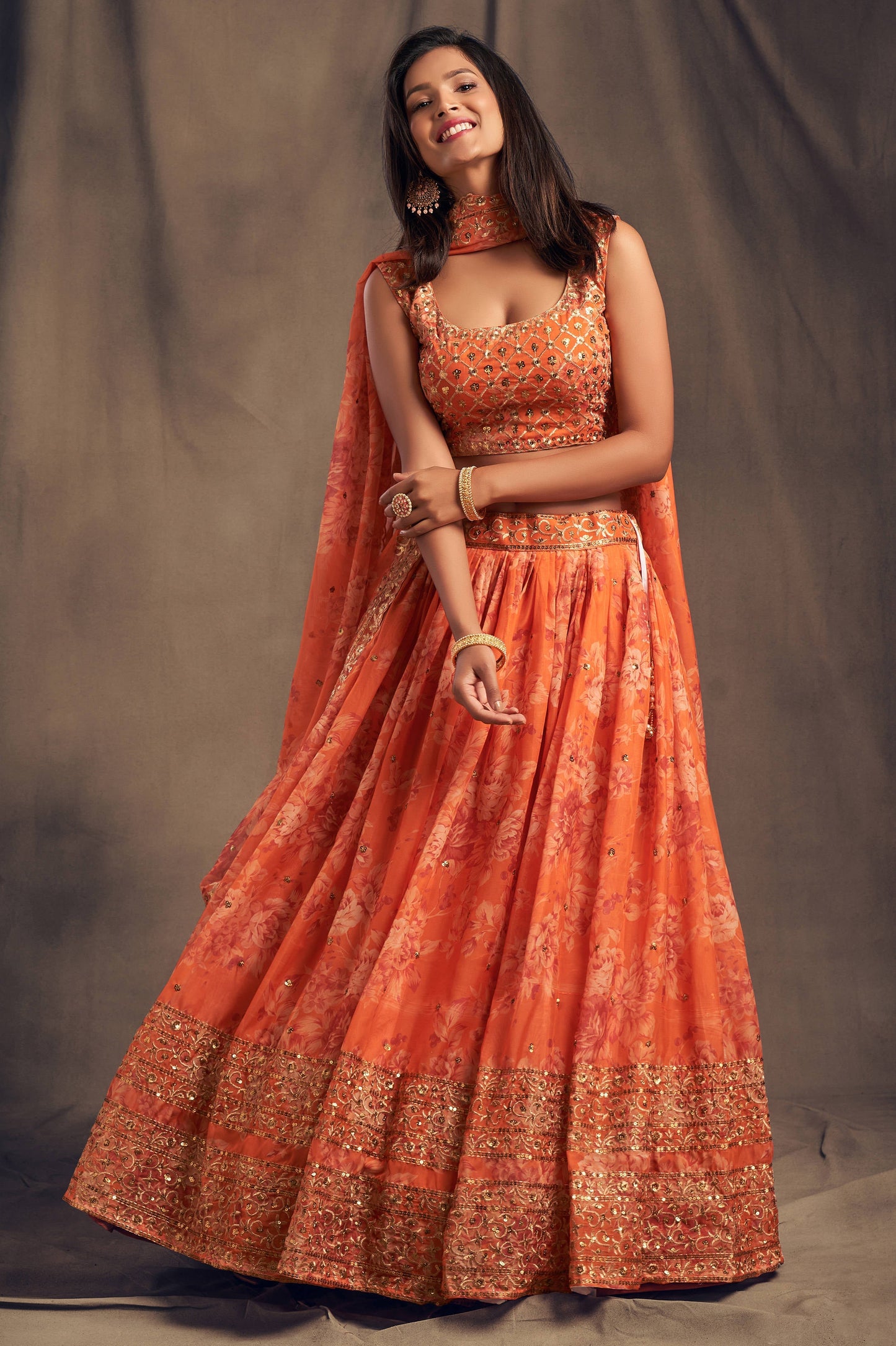 Pretty Orange Zari Embroidery Organza Occasional Wear Lehenga Choli