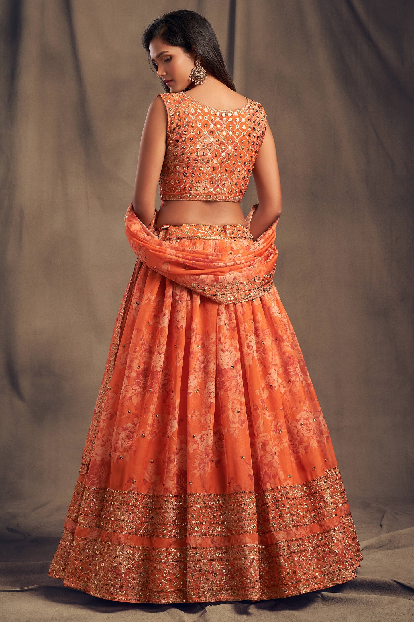 Pretty Orange Zari Embroidery Organza Occasional Wear Lehenga Choli