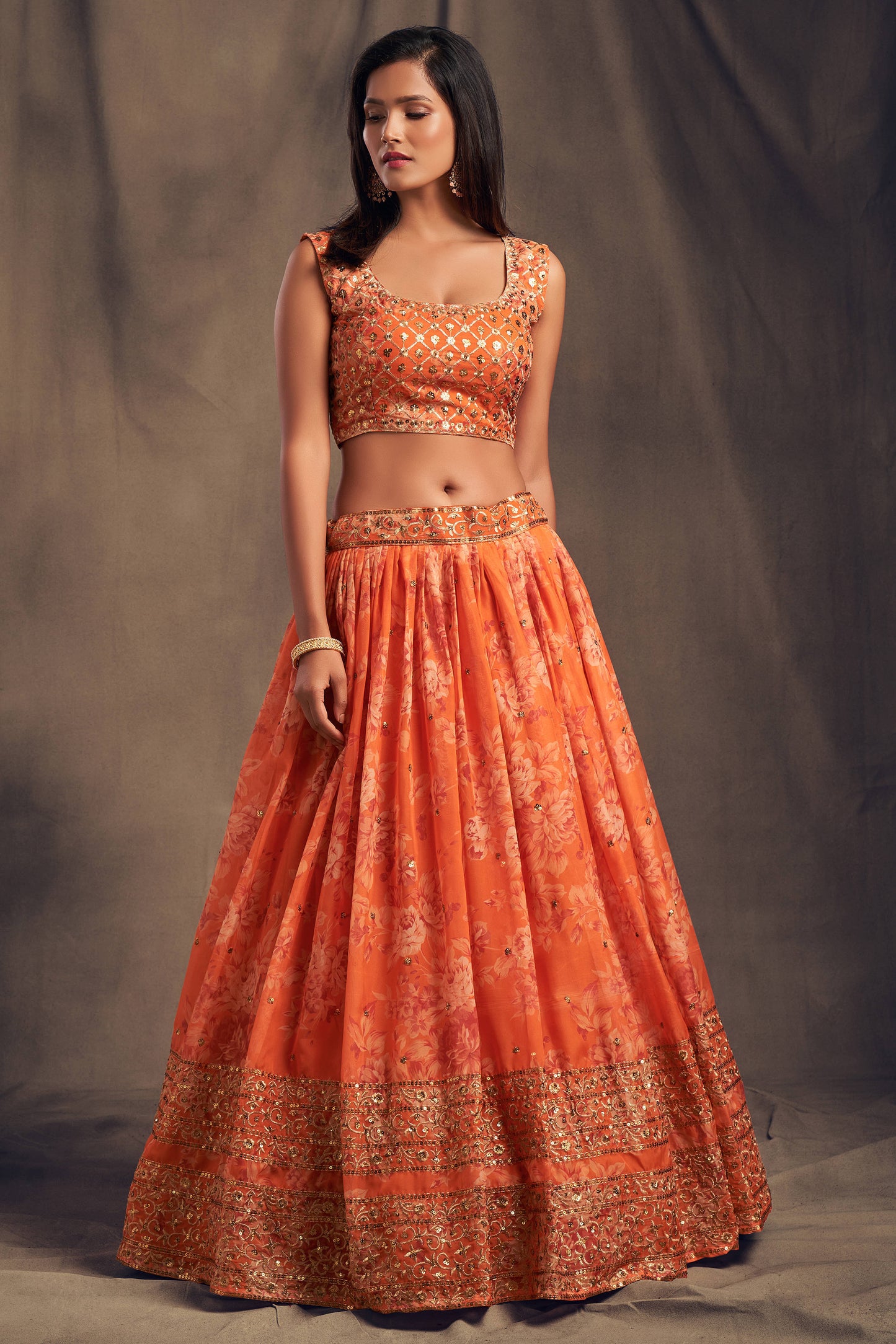 Pretty Orange Zari Embroidery Organza Occasional Wear Lehenga Choli