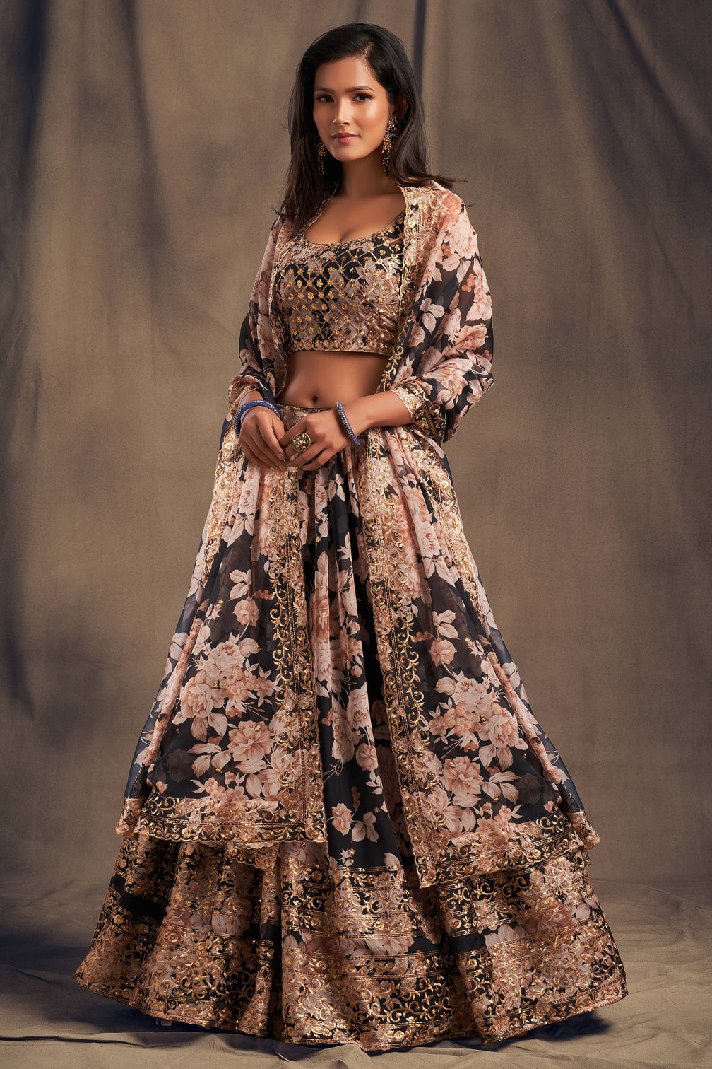 Attractive Black Zari Embroidery Organza Occasional Wear Lehenga Choli