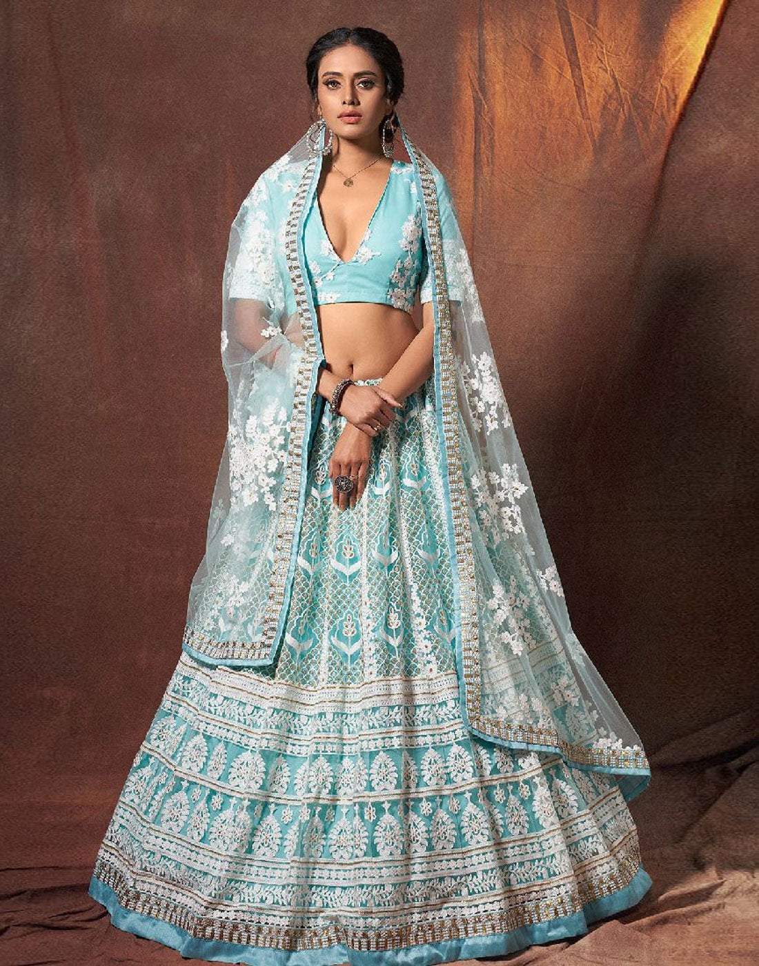 Lehenga Choli in Baby Blue Color with Soft Net Fabrics, Resham, and Sequence Work