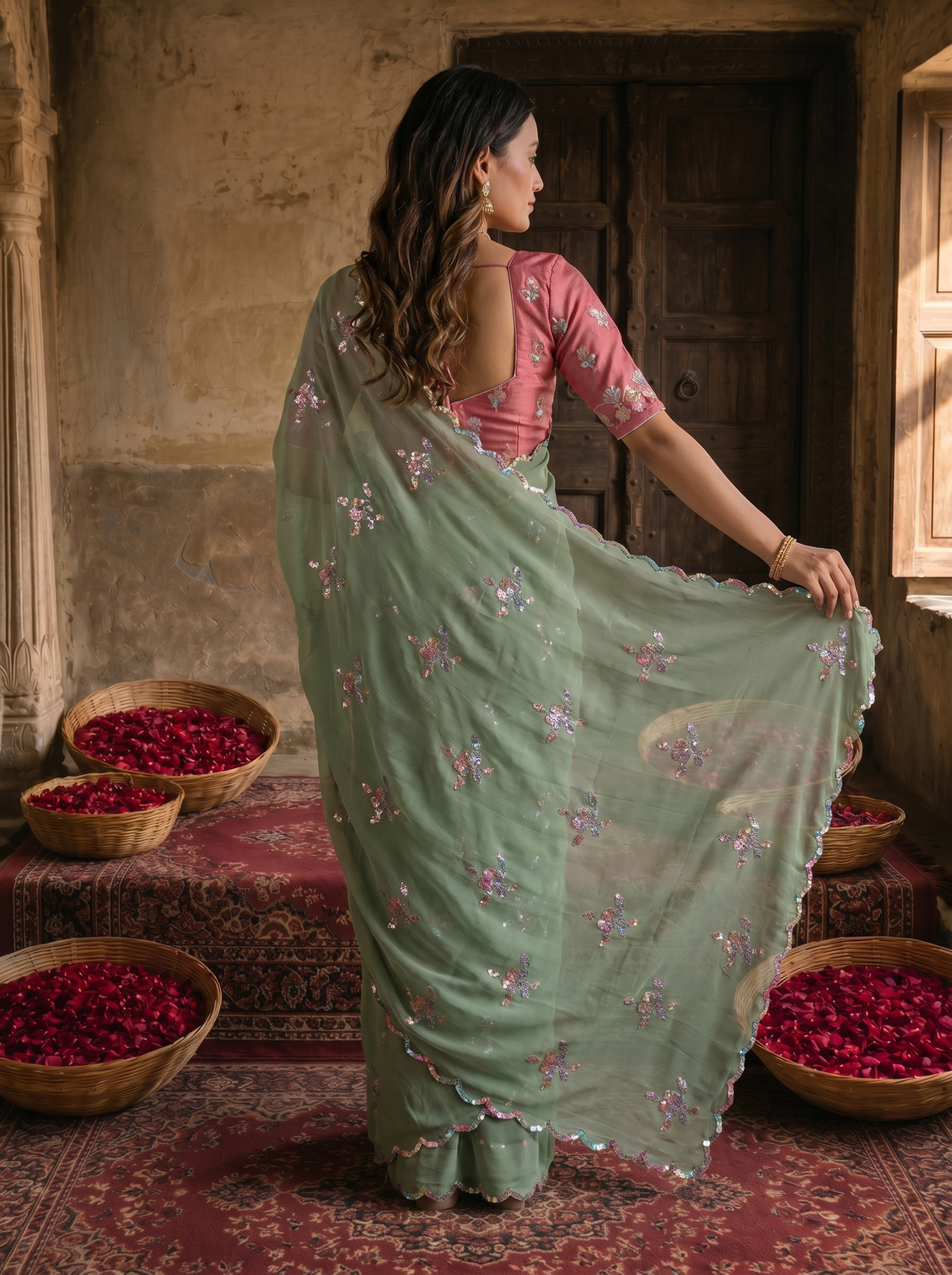 Sage green georgette embroidered saree with floral sequin work designer blouse
