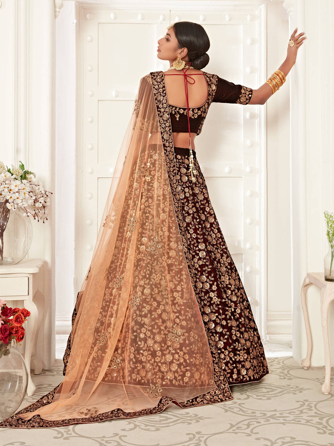 Refreshing Maroon Floral Embroidery Velvet Bridal Lehenga Choli With Peach Dupatta
