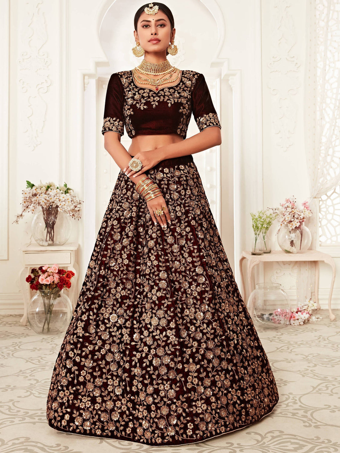 Refreshing Maroon Floral Embroidery Velvet Bridal Lehenga Choli With Peach Dupatta