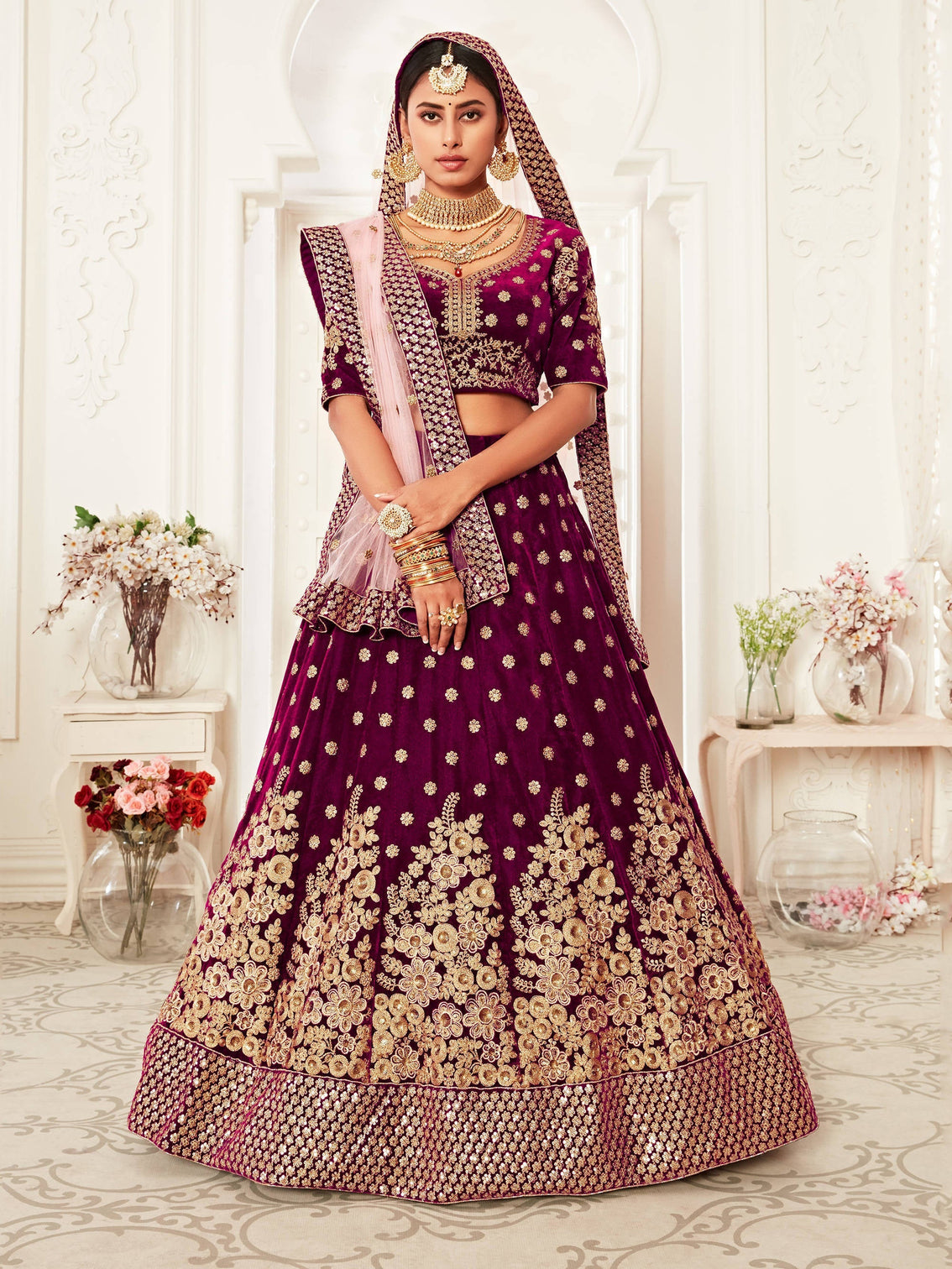 Hypnotic Purple Floral Embroidery Velvet Wedding Lehenga Choli With pink Dupatta