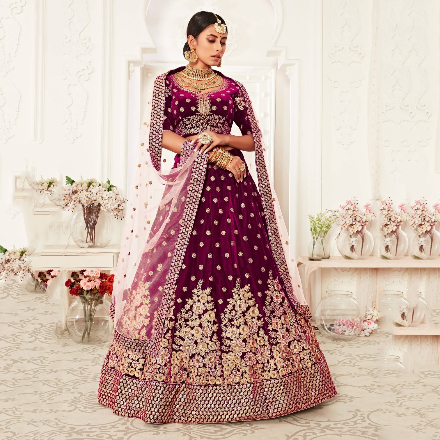 Hypnotic Purple Floral Embroidery Velvet Wedding Lehenga Choli With pink Dupatta